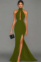Load image into Gallery viewer, Black Satin Mermaid High Neck Keyhole Long Formal Dress with Slit