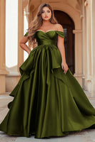 Load image into Gallery viewer, Dark Green Off the Shoulder Satin Long Prom Dress with Ruffles