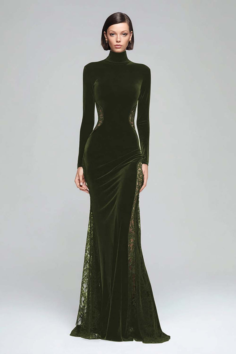 Load image into Gallery viewer, Black Velvet High Neck Mermaid Maxi Holiday Party Dress with Lace