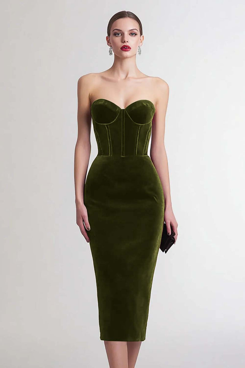 Load image into Gallery viewer, Burgundy Velvet Sweetheart Bodycon Midi Corset Holiday Party Dress