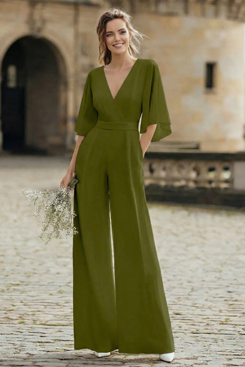 Load image into Gallery viewer, Ivory V-Neck Half Sleeves Long Wedding Jumpsuits with Pockets