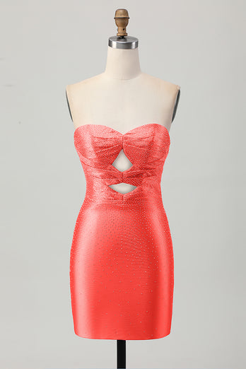 Queendancer Women Sparkly Fuchsia Tight Short Homecoming Dress with Keyholes Beaded Sweetheart Strapless Satin Lace Up Back Cocktail Dress