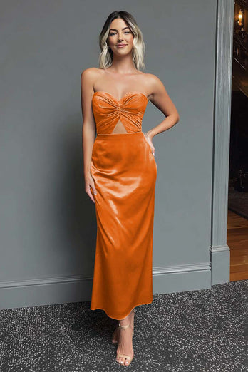 Dark Green Strapless Cut Out Sheath Satin Long Formal Dress