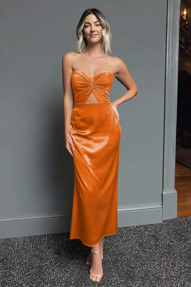 Load image into Gallery viewer, Dark Green Strapless Cut Out Sheath Satin Long Formal Dress