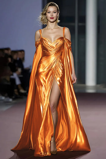 Light Golden A Line Cold Shoulder Metallic Long Gala Dress with Slit