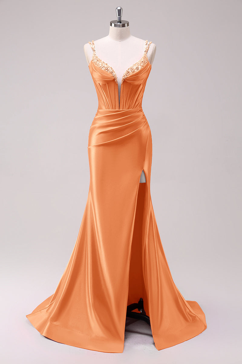 Load image into Gallery viewer, Sparkly Black Corset Spaghetti Straps Prom Dress with Slit
