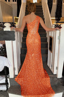 Load image into Gallery viewer, Sheath One Shoulder Navy Sequins Long Prom Dress with Split Front