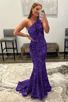 Load image into Gallery viewer, Coral Sequins One Shoulder Mermaid Long Prom Dress