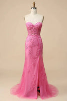 Load image into Gallery viewer, Mermaid Sweethaert Hot Pink Corset Prom Dress with Split Front