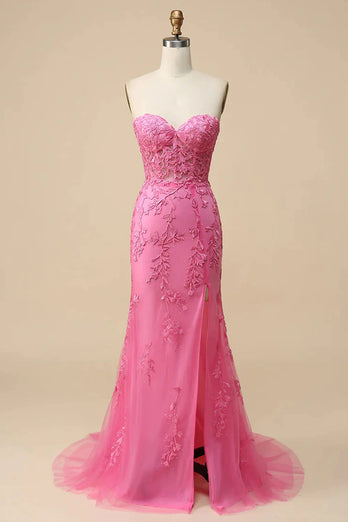 Mermaid Sweethaert Hot Pink Corset Prom Dress with Split Front