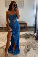 Load image into Gallery viewer, Sparkly Blue Corset Mermaid Long Prom Dress with Beading