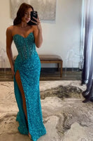 Load image into Gallery viewer, Sparkly Blue Corset Mermaid Long Prom Dress with Beading