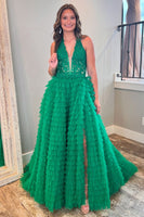 Load image into Gallery viewer, Dark Green A-Line Neck Collar Corset Long Prom Dress with Slit