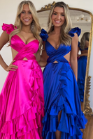 Load image into Gallery viewer, Red A-Line Satin A-Line Long Prom Dress with Slit
