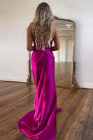 Load image into Gallery viewer, Fuchsia Neck Collar Jacquard Mermaid Long Prom Dress with Slit