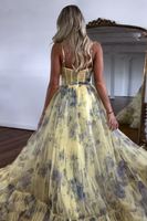 Load image into Gallery viewer, Yellow Spaghetti Straps Printing A-Line Long Prom Dress with Flower
