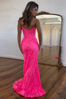 Hot Pink Strapless Corset Mermaid Long Prom Dress with Slit
