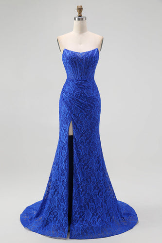 Royal Blue Lace Mermaid Sweetheart Long Corset Prom Dress with Slit