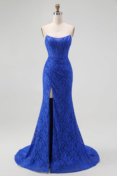 Royal Blue Lace Mermaid Sweetheart Long Corset Prom Dress with Slit