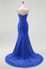 Load image into Gallery viewer, Royal Blue Lace Mermaid Sweetheart Long Corset Prom Dress with Slit