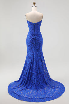 Royal Blue Lace Mermaid Sweetheart Long Corset Prom Dress with Slit