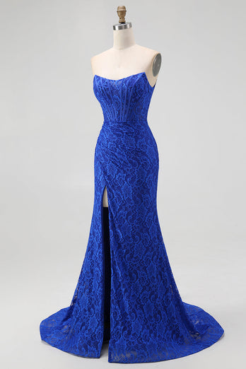 Royal Blue Lace Mermaid Sweetheart Long Corset Prom Dress with Slit