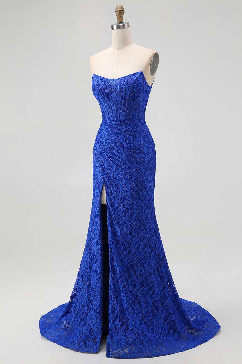 Load image into Gallery viewer, Royal Blue Lace Mermaid Sweetheart Long Corset Prom Dress with Slit