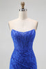 Load image into Gallery viewer, Royal Blue Lace Mermaid Sweetheart Long Corset Prom Dress with Slit