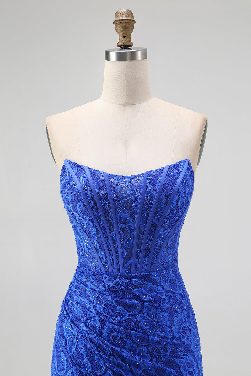 Load image into Gallery viewer, Royal Blue Lace Mermaid Sweetheart Long Corset Prom Dress with Slit