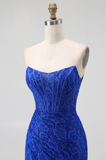 Royal Blue Lace Mermaid Sweetheart Long Corset Prom Dress with Slit