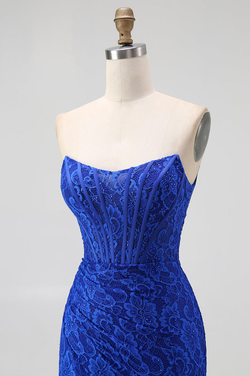 Load image into Gallery viewer, Royal Blue Lace Mermaid Sweetheart Long Corset Prom Dress with Slit