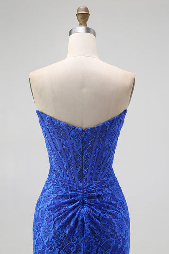 Royal Blue Lace Mermaid Sweetheart Long Corset Prom Dress with Slit