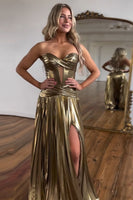 Load image into Gallery viewer, Gold Strapless A-Line Satin Long Prom Dress with Slit