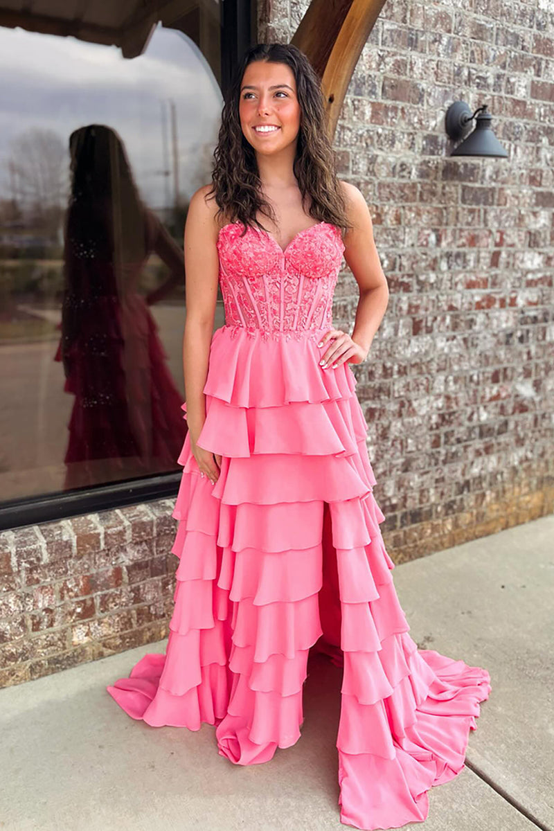 Load image into Gallery viewer, Sparkly Coral Sweetheart Ruffled Long Corset Prom Dress with Slit