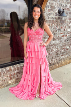 Sparkly Coral Sweetheart Ruffled Long Corset Prom Dress with Slit