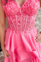 Load image into Gallery viewer, Sparkly Coral Sweetheart Ruffled Long Corset Prom Dress with Slit