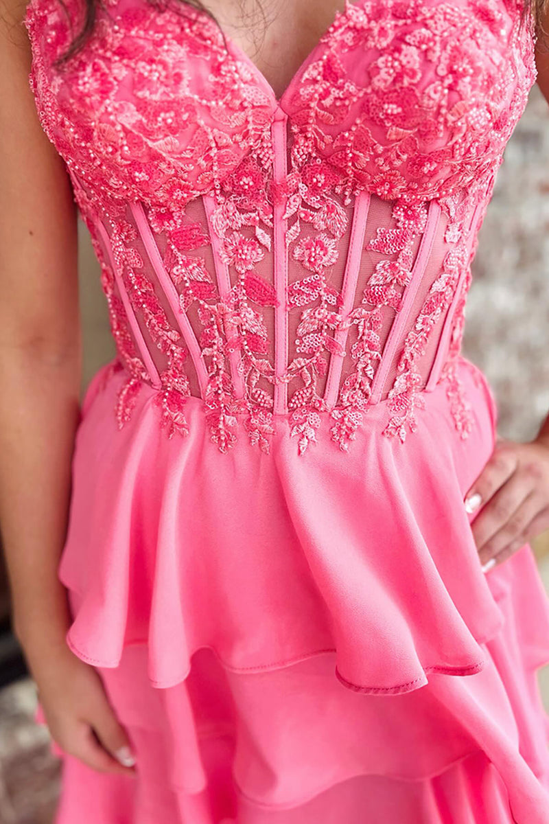 Load image into Gallery viewer, Sparkly Coral Sweetheart Ruffled Long Corset Prom Dress with Slit