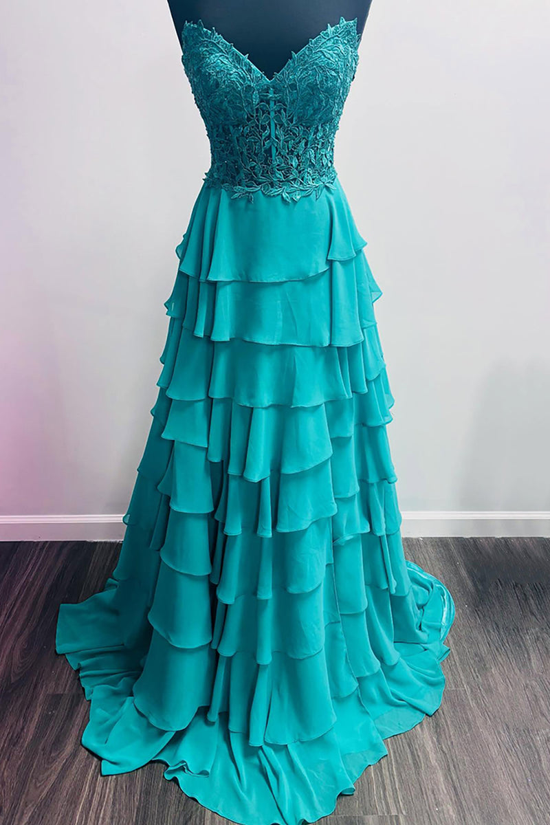 Load image into Gallery viewer, Sparkly Coral Sweetheart Ruffled Long Corset Prom Dress with Slit