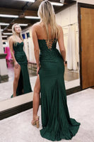Load image into Gallery viewer, Dark Green Corset Sparkly Sheath Long Prom Dress with Slit
