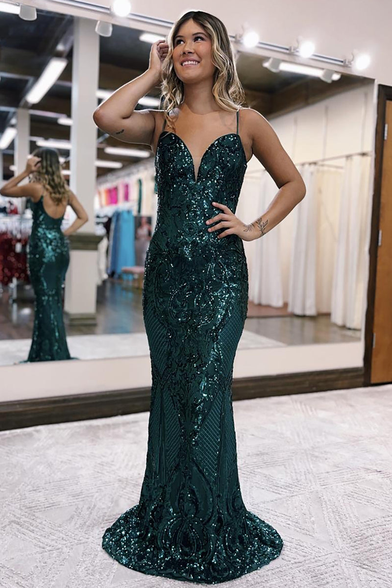 Queendancer Women Dark Green Sparkly Sequins Prom Dress Sheath