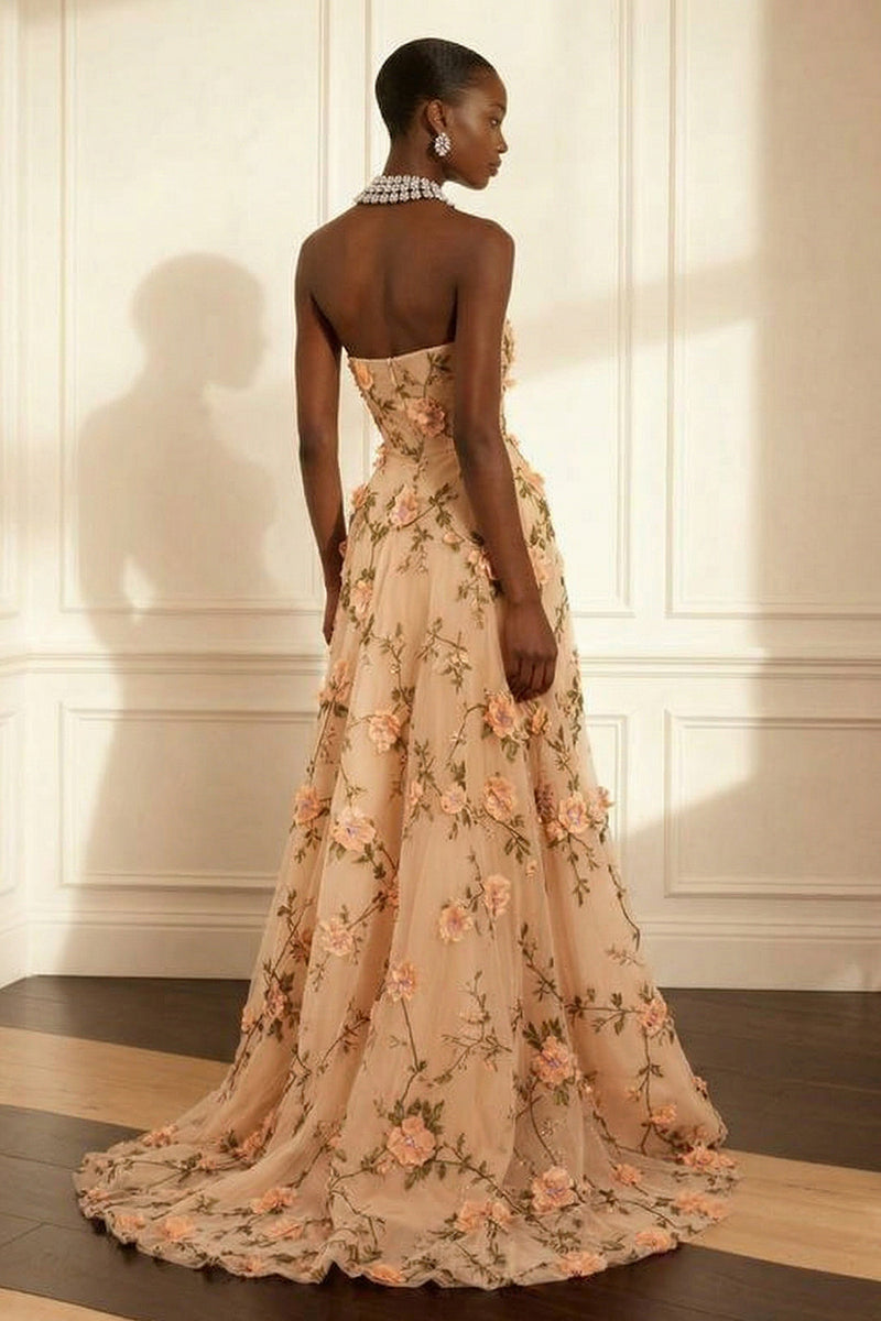 Load image into Gallery viewer, Floral Purple Strapless A Line Long Corset Prom Dress