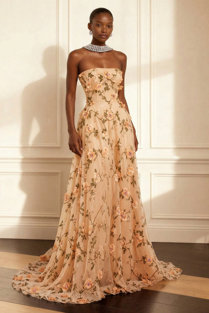 Load image into Gallery viewer, Floral Purple Strapless A Line Long Corset Prom Dress