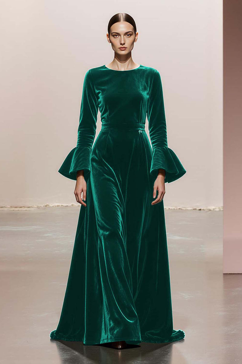 Load image into Gallery viewer, Dark Green Velvet A Line Round Neck Long Sleeves Formal Dress