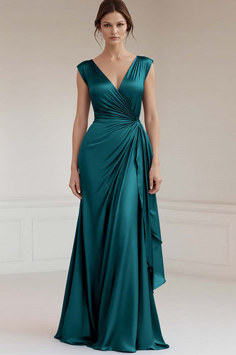 Peacock V-Neck Sheath Satin Long Formal Dress with Ruffles