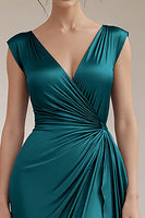 Load image into Gallery viewer, Peacock V-Neck Sheath Satin Long Formal Dress with Ruffles