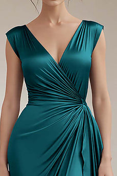 Peacock V-Neck Sheath Satin Long Formal Dress with Ruffles