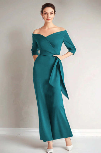 Elegant Peacock Off the Shoulder Long Mother of the Bride Dress with Sash