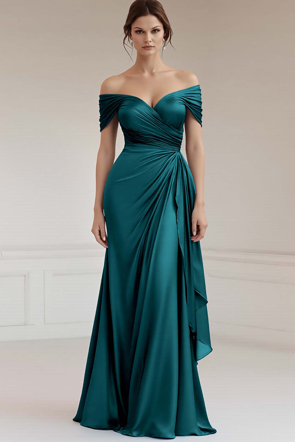 Peacock Sheath Satin Off the Shoulder Long Formal Dress