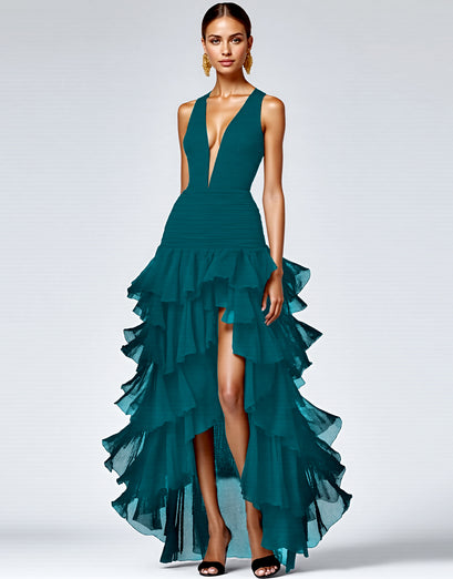 Black A Line Deep V-Neck Tiered Long Formal Dress with Slit