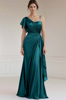Load image into Gallery viewer, Peacock Sheath Ruched Satin Long Formal Dress